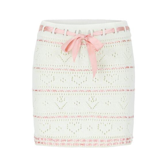 NWOT Bernadette Nina Heart Pointelle Knit Mini Skirt White Pink Ribbon Trim Lace - Picture 5 of 15